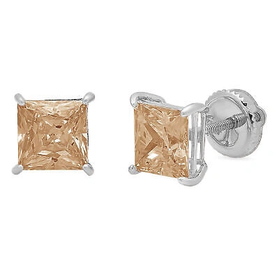 Pre-owned Pucci 2 Ct Princess Solitaire Champagne Diamond Simulated Stud Earrings 14k White Gold