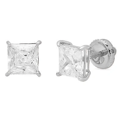 Pre-owned Pucci 1ct Princess Cut Simulated Stud Solitaire Earrings 14k White Gold Screw Back In D