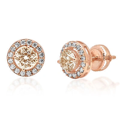 Pre-owned Pucci 1.6ct Round Halo Champagne Simulated Designer Stud Earrings 14k Rose Solid Gold In Pink