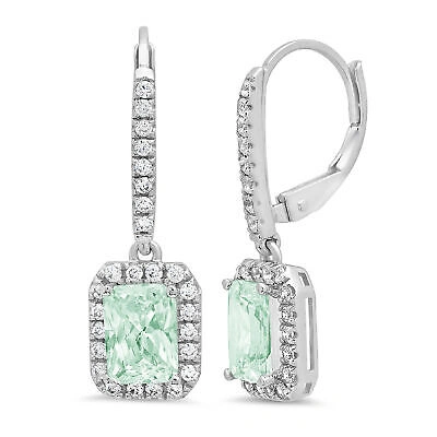 Pre-owned Pucci 5.8 Emerald Round Halo Light Green Simulated Lever Back Earrings 14k White Gold