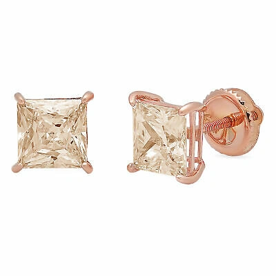 Pre-owned Pucci 2.0 Ct Princess Solitaire Champagne Simulated Stud Earrings 14k Rose Solid Gold In D