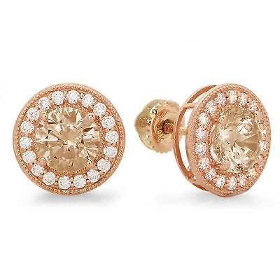 Pre-owned Pucci 1.18 Round Halo Champagne Diamond Simulated Designer Stud Earrings 14k Rose Gold In Pink