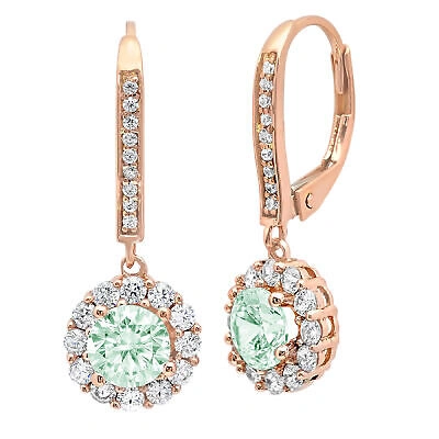 Pre-owned Pucci 2.2 Ct Round Simulated Halo Light Sea Green Drop Dangle Earrings 14k Rose Gold In Pink