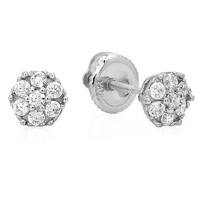 Pre-owned Pucci 0.35ct Round Simulated Cluster Stud Solitaire Earrings 14k White Gold Screw Back In D
