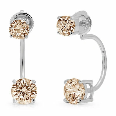 Pre-owned Pucci 3.2ct Dual Drop 2 Stone Round Champagne Simulated Earrings 14k White Solid Gold