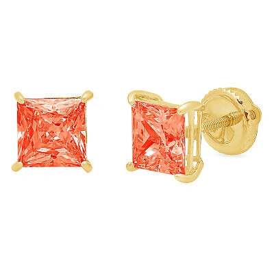Pre-owned Pucci 1.5ct Princess Red Diamond Simulated Stud Earrings 14k Yellow Gold Screw Back