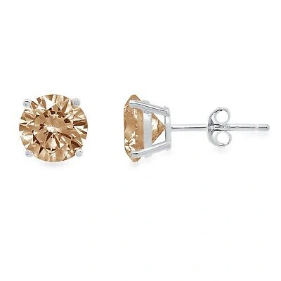 Pre-owned Pucci 4 Ct Round Champagne Diamond Simulated Stud Earrings 14k White Gold Push Back