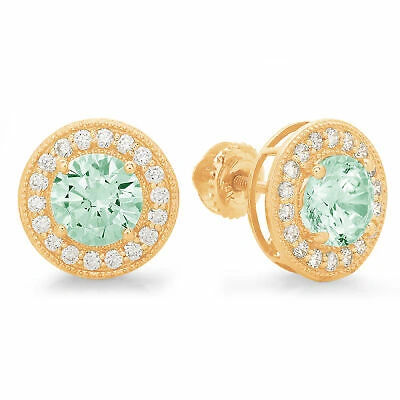 Pre-owned Pucci 1.18 Round Cut Simulated Halo Light Sea Green Stud Earrings 14k Yellow Gold