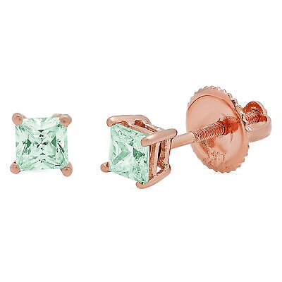 Pre-owned Pucci 0.5 Ct Princess Simulated Solitaire Light Sea Green Stud Earrings 14k Rose Gold In Pink