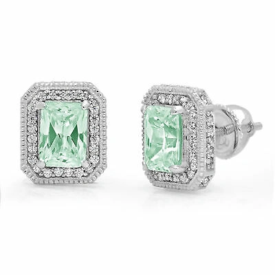 Pre-owned Pucci 2.44ct Emerald Round Simulated Halo Light Sea Green Stud Earrings 14k White Gold