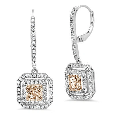 Pre-owned Pucci 3.27 Princess Round Halo Champagne Simulated Drop Earrings 14k White Solid Gold