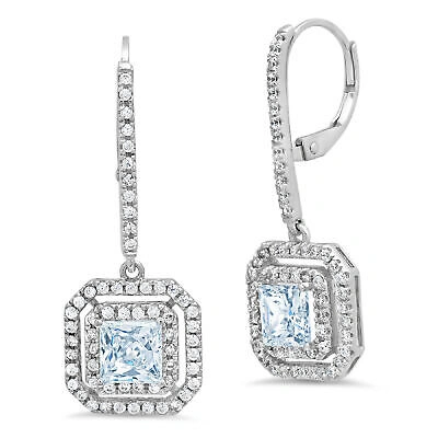 Pre-owned Pucci 3.27ct Princess Round Cut Simulated Halo Blue Lever Back Earrings 14k White Gold In D
