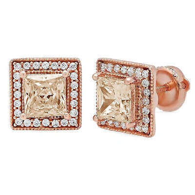 Pre-owned Pucci 2.3ct Princess Round Halo Champagne Simulated Stud Earrings 14k Rose Solid Gold In Pink