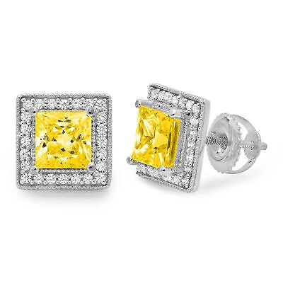 Pre-owned Pucci 2.30 Princess Round Halo Yellow Diamond Simulated Stud Earrings 14k White Gold