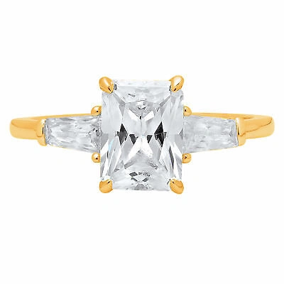 Pre-owned Pucci 2.1 Emerald Baguette Simulated Engagement Promise 3 Stone Ring 14k Yellow Gold In White/colorless