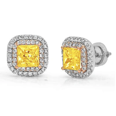Pre-owned Pucci 2.52ct Princess Round Halo Yellow Simulated Stud Earrings 14k 2 Tone Solid Gold