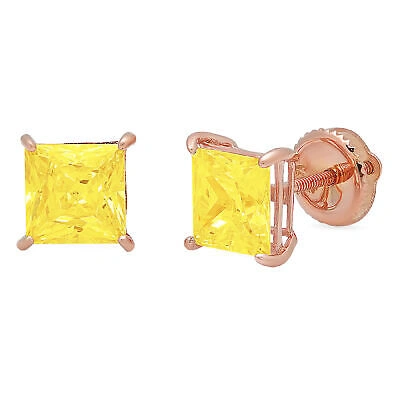 Pre-owned Pucci 4.0ct Princess Solitaire Yellow Diamond Simulated Stud Earrings 14k Rose Gold