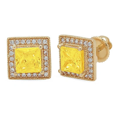Pre-owned Pucci 2.3 Princess Round Halo Yellow Diamond Simulated Stud Earrings 14k Yellow Gold