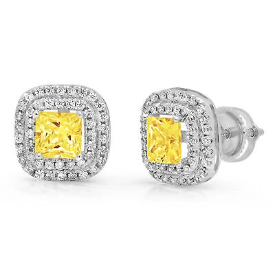 Pre-owned Pucci 2.99 Princess Round Halo Yellow Diamond Simulated Stud Earrings 14k White Gold