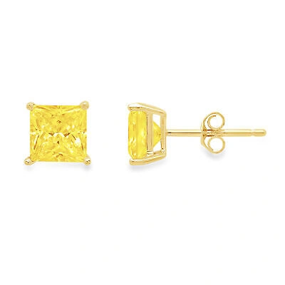 Pre-owned Pucci 2ct Princess Yellow Diamond Simulated Stud Earrings 14k Yellow Gold Push Back