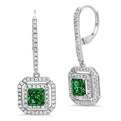 Pre-owned Pucci 3.2 Princess Round Simulated Halo Green Emerald Lever Back Earrings14k Gold