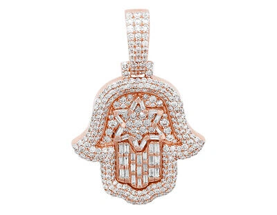 Pre-owned Jewelry Unlimited Men's Real Hamsa Star Baguette Diamond Pendant 3 1/2 Ct 10k Rose Gold 1.8" In G-h