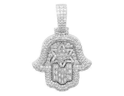 Pre-owned Jewelry Unlimited Men's Real Hamsa Star Baguette Diamond Pendant 3 1/2 Ct 10k White Gold 1.8" In G-h