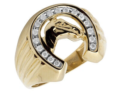Pre-owned Jewelry Unlimited Men's 10k Yellow Gold Real Diamonds Horseshoe Cocktail Fashion Custom Ring .33ct