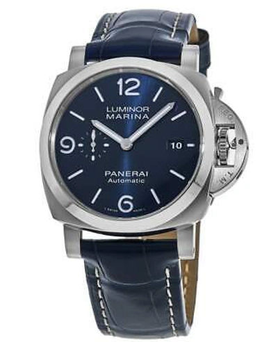 Pre-owned Panerai Luminor Marina 44mm Blue Dial Leather Strap Men's Watch Pam01313
