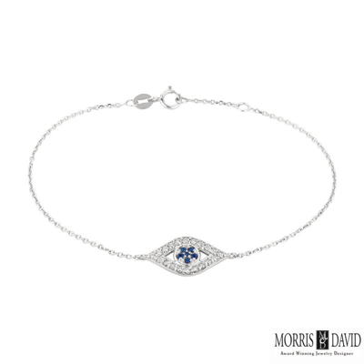 Pre-owned Morris 0.34 Carat Natural Diamond And Sapphire Eye Bracelet 14k White Gold 7'' In Blue