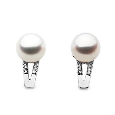 Pre-owned Pacific Pearls® Aaa 9 Mm Akoya Diamond Pearl Earrings Anniversary Gifts For Wife In White