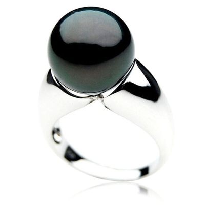 Pre-owned Pacific Pearls® 14mm  Tahitian Black Pearl Rings 18k White Gold Gift For Daughter