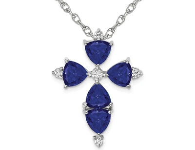 Pre-owned Harmony 6.50 Carat (ctw) Lab-created Blue Sapphire Cross Necklace 14k Gold In White