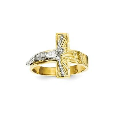 Pre-owned Superdealsforeverything Real 14kt Two-tone Polished & Diamond-cut Mens Crucifix Ring S:10