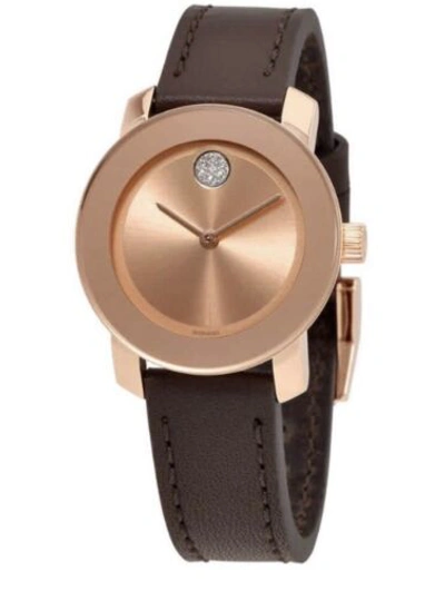 Pre-owned Movado Brand  Bold Women's Rose Gold Brown Leather Strap Watch 3600438