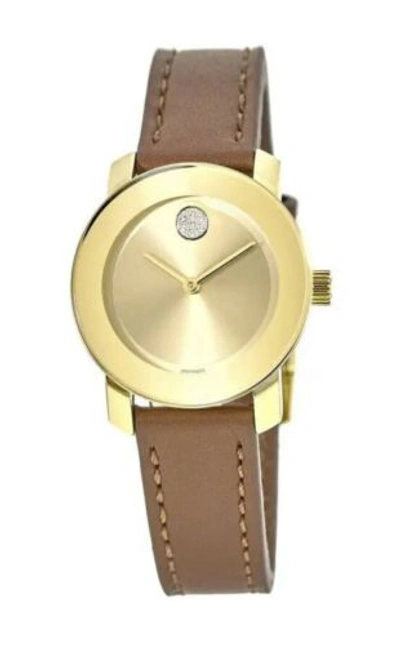Pre-owned Movado Brand  Bold Women's Gold Dial Brown Leather Strap Watch 3600437
