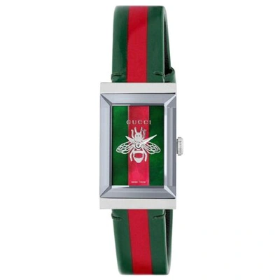 Pre-owned Gucci Ya147408 Women's G-frame Green And Red Mother Of Pearl Quartz Watch