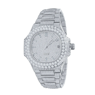 Pre-owned Watches International Men's Fully Bling Bezel Automatic Movement Stainless Steel Luxury Designer Watch In White