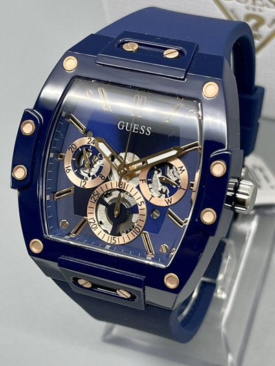Pre-owned Guess 43mm Phoenix Blue Tonneau Case Dial R Gold Chrono Silicone Strap Watch