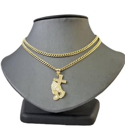 Pre-owned Globalwatches10 10k Yellow Gold Praying Hand Cross Pendant Charm 4mm Cuban Link Chain 26" Inch