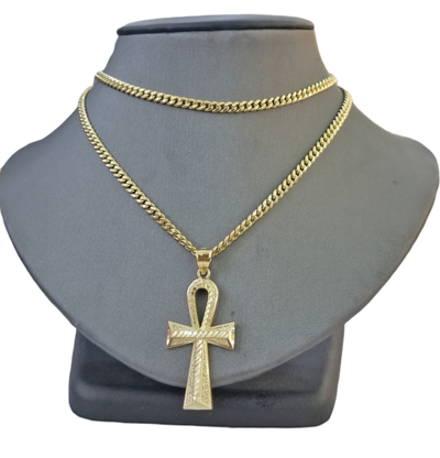 Pre-owned Globalwatches10 10k Gold Ankh Cross Egyptian Symbol Pendant Charm 4mm Cuban Link Chain 26" Inch In Yellow