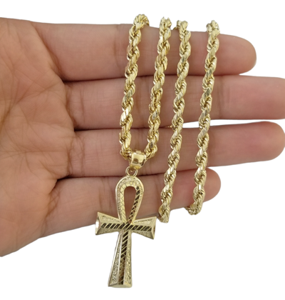 Pre-owned Globalwatches10 10k Gold Ankh Cross Egyptian Symbol Pendant Charm 4mm Rope Chain 20" Inch In Yellow