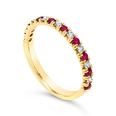 Pre-owned Jp 14kt Yellow Gold Women 0.18ctw Round Diamond And Ruby Wedding Band Ring