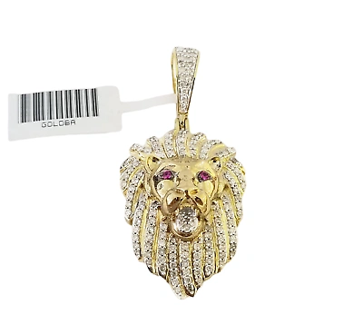 Pre-owned Globalwatches10 Real 10k Yellow Gold Genuine Diamond Lion Head Pendant Pink Eye Lion Charm