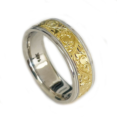 Pre-owned Asw Hand Carved 14k Solid And Heavy White And Yellow Gold Men's Band Ring 7mm