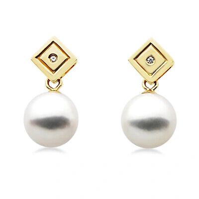 Pre-owned Pacific Pearls® White 9mm Akoya Diamond Pearl Earrings Birthday Gifts For Sister