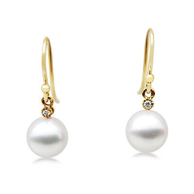 Pre-owned Pacific Pearls® 9mm Akoya Diamond Pearl Earrings Gold Wedding Gifts For Yourself In White