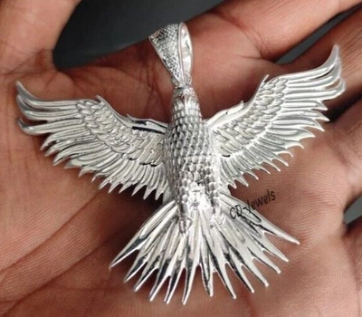 Pre-owned Cdj Men's Solid Metal White Gold Plated 925 Silver Charm Eagle Pendant