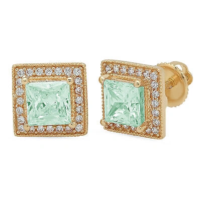 Pre-owned Pucci 2.3 Princess Round Simulated Halo Light Sea Green Stud Earrings 14k Yellow Gold
