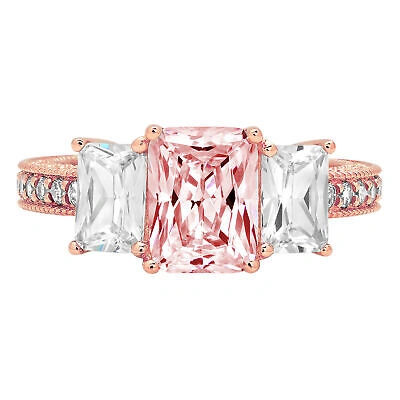 Pre-owned Pucci 3.61 Emerald Cut Simulated 3 Stone Pink Promise Wedding Ring 14k Rose Solid Gold